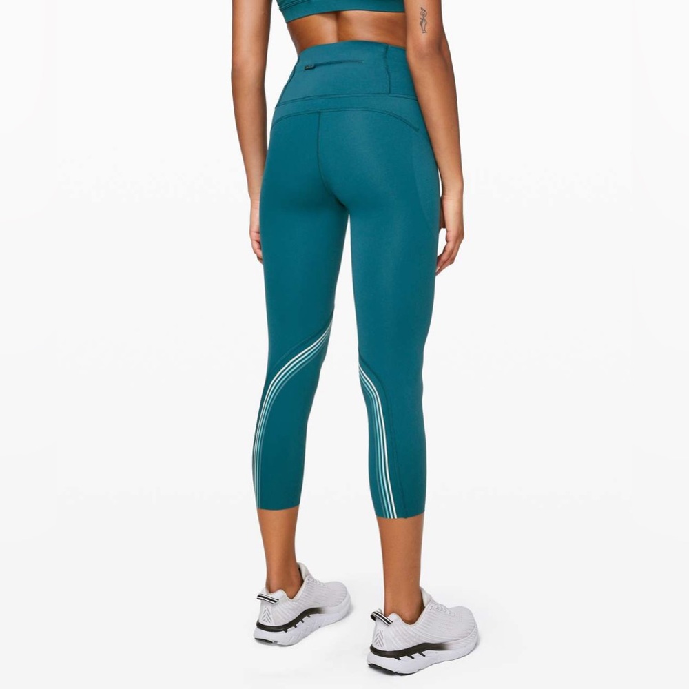 Lululemon Bermuda teal blue white stripes speed limit crop high rise leggings, 6